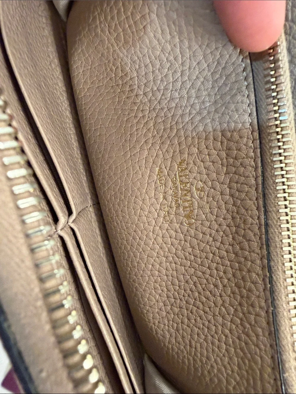 Valentino Garavani Taupe Pebbled Leather Zip Wallet with Gold Studs